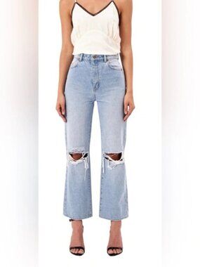 Rollas Jeans High Rise Straight Distressed Denim Pants 100% Cotton Blue NWT 29
